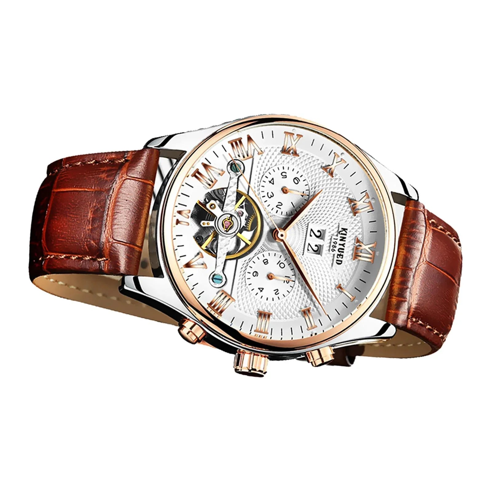 Luxury Men Chronograph Leather Strap Watch Luxury Waterproof Calendar Watch Brown