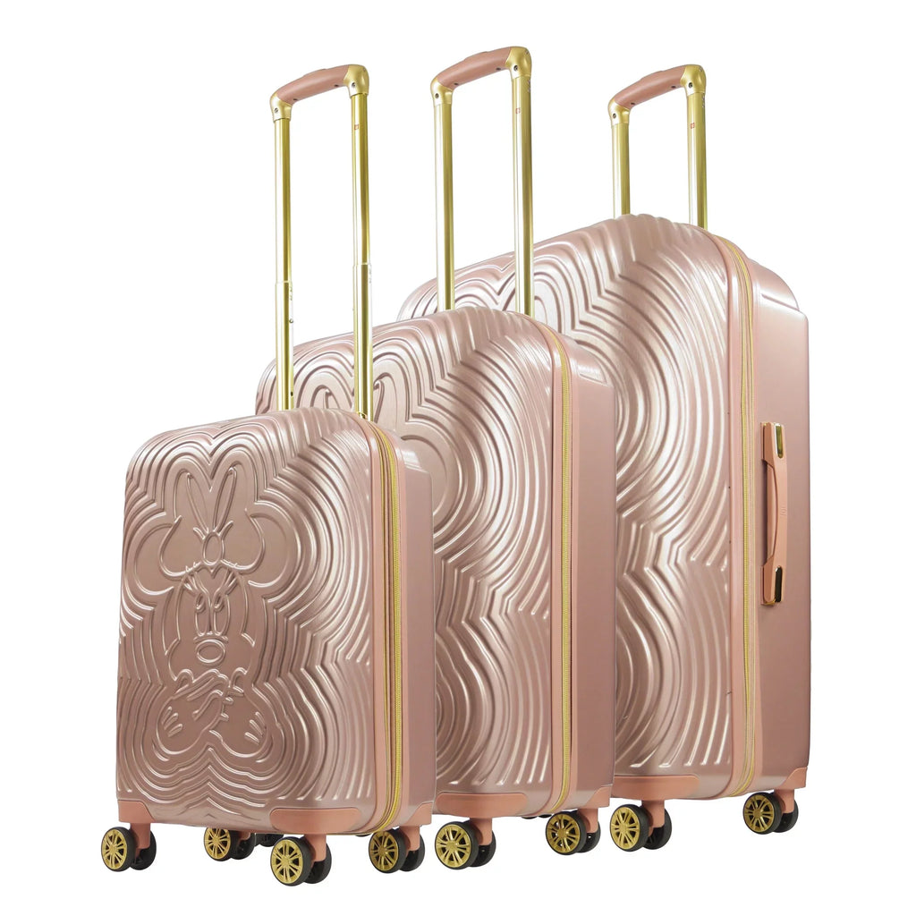 Disney Minnie Mouse 3 Piece Rolling Luggage Set, Molded Hardshell Suitcase with Wheels, 21, 25 and 29 Inch, Rose Gold