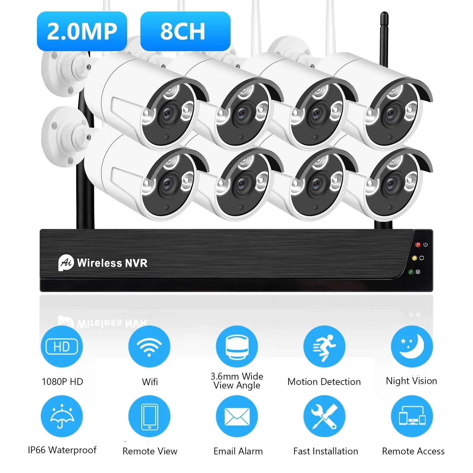 Tomshoo 8CH 1080P Wireless System, 8Channel 1080P CCTV NVR + 8PCS 1080P 2.0MP Indoor Outdoor IP Cameras with , Motion Alert, Smart App Remote Access, No Hard Drive