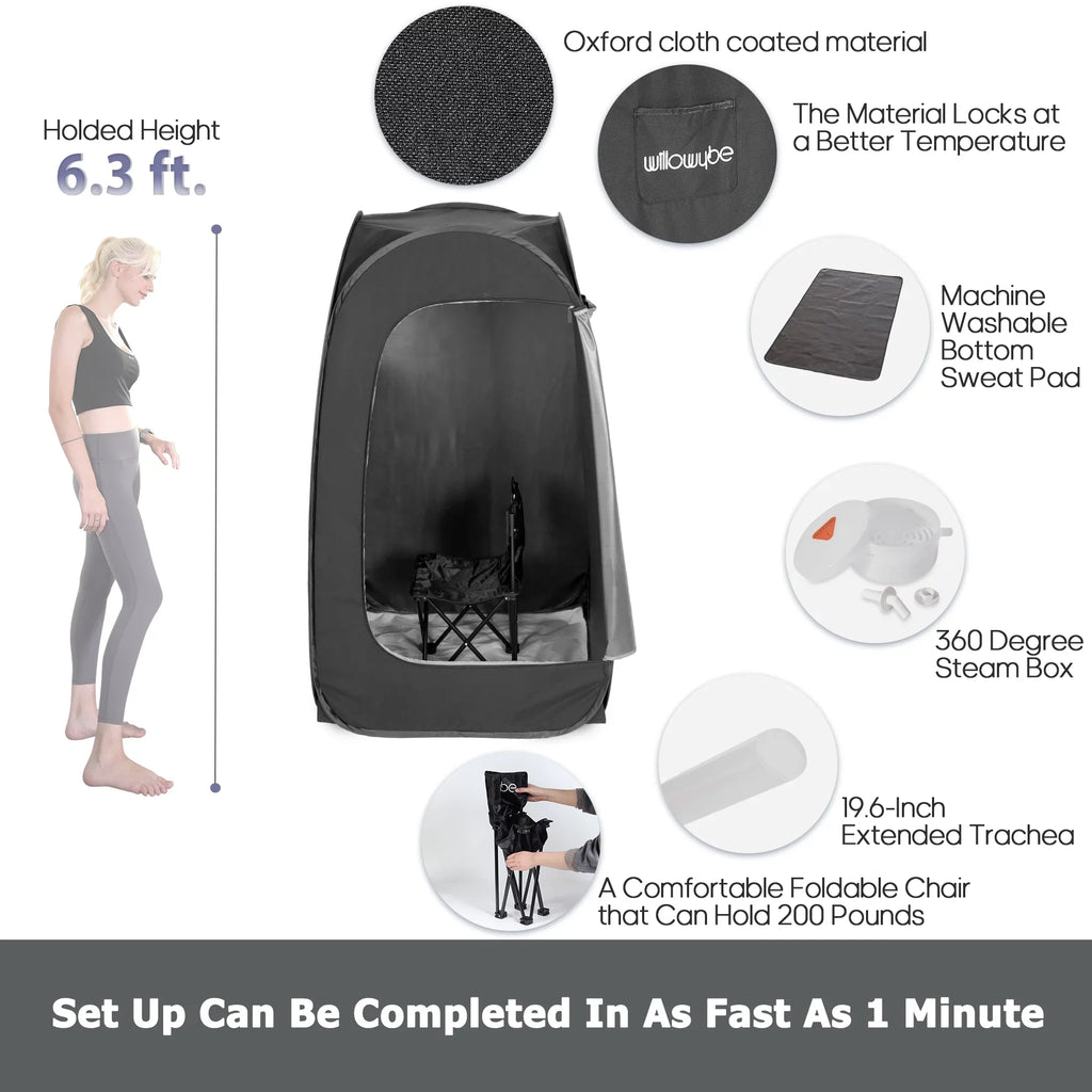 Portable Steam Sauna with Bluetooth Control, Steamer, Body Tent, Foldable Chair | Personal Home Spa (Black)