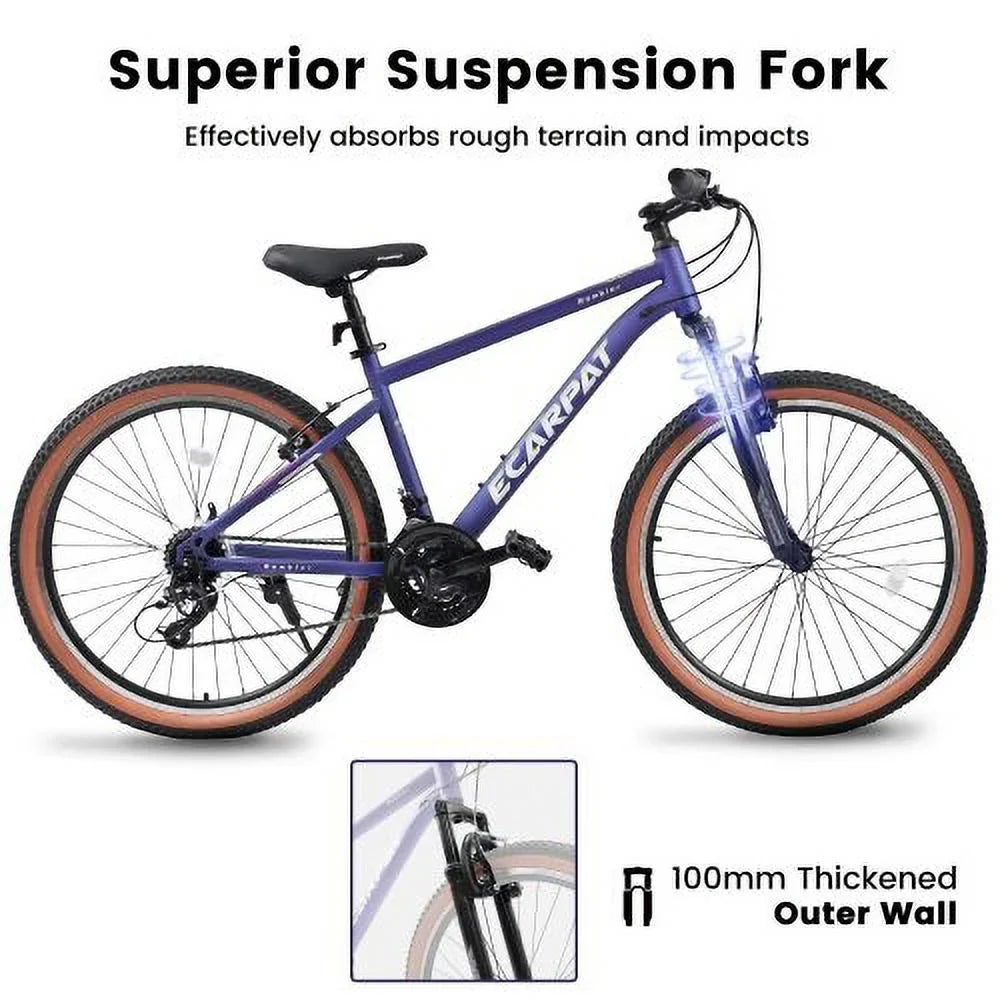 Mountain Bike 26 Inch Wheel, 21-Speed U-Brakes Twist Shifter, Carbon Steel Frame Youth Teenagers Mens Womens Trail Commuter City Snow Beach Mountain Bicycles(Blue-Purple)