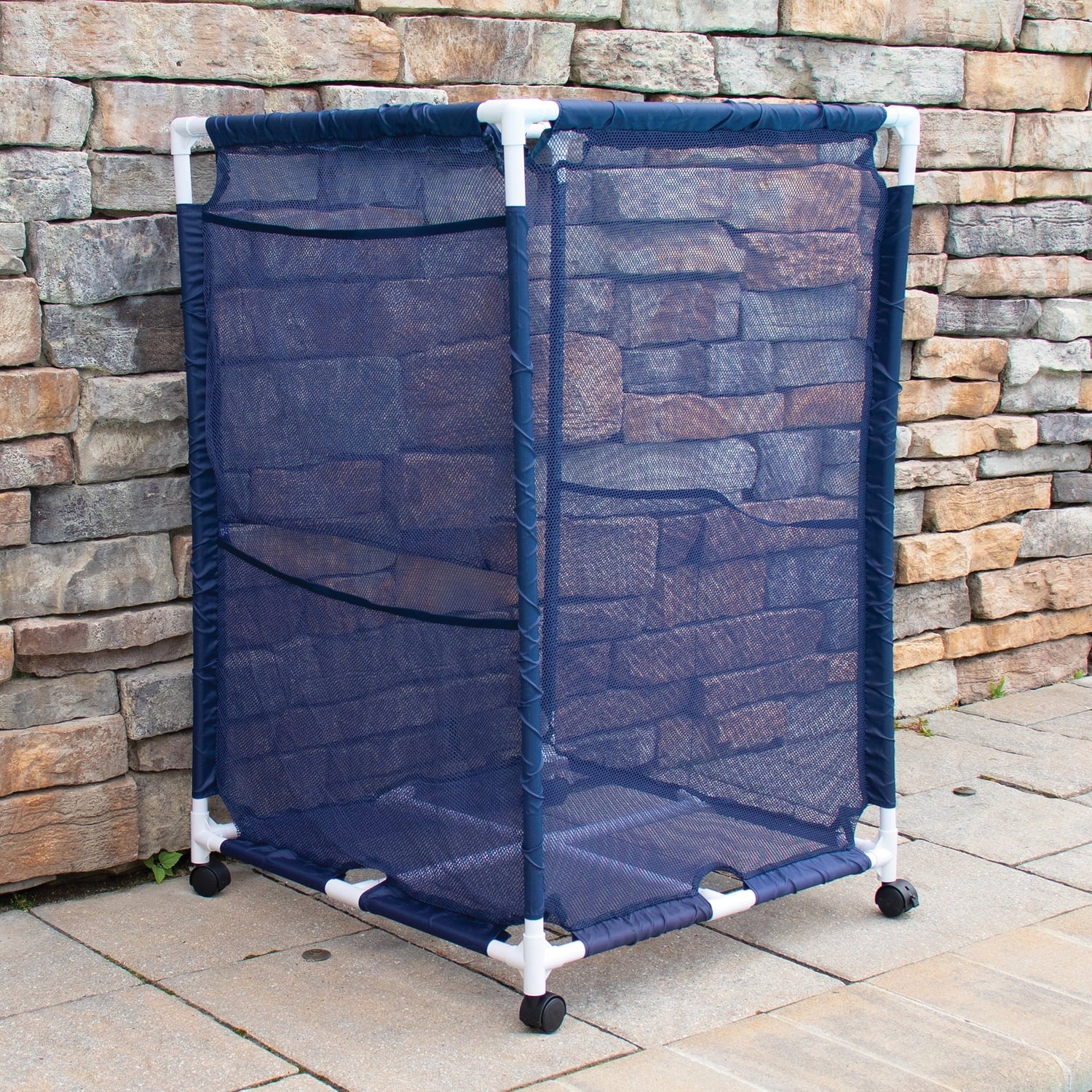 Pool Bins Pool Storage Organizer Mesh Rolling Pool Equipment Bin, Medium, (25.4" W X 25.4" L x 40" H) - Style PB-M200, Blue, PBFT-1513