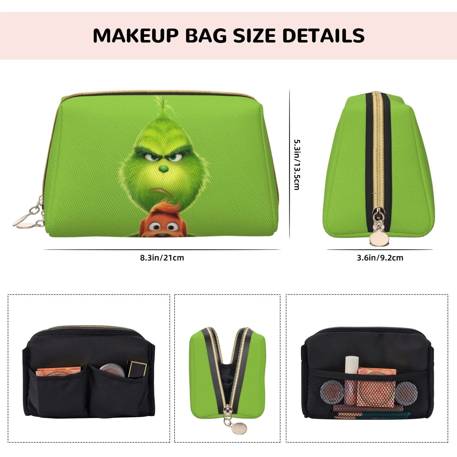 Animated Grinch Cosmetic Bag Makeup Organizer Leather Portable Pouch Gift Travel Toiletry Bag Storage Purse
