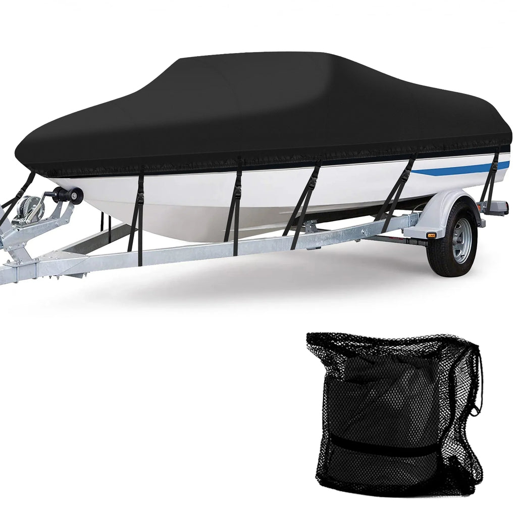 AngLink 17 - 19 ft Waterproof Watercraft Coating - Heavy Duty 600D Polyester Oxford All Climate Protection Bass Runabout Vessel Wrap Resilient and Trailerable, Fit for Fishing Vessel V-Hull TRI-Hull | Black