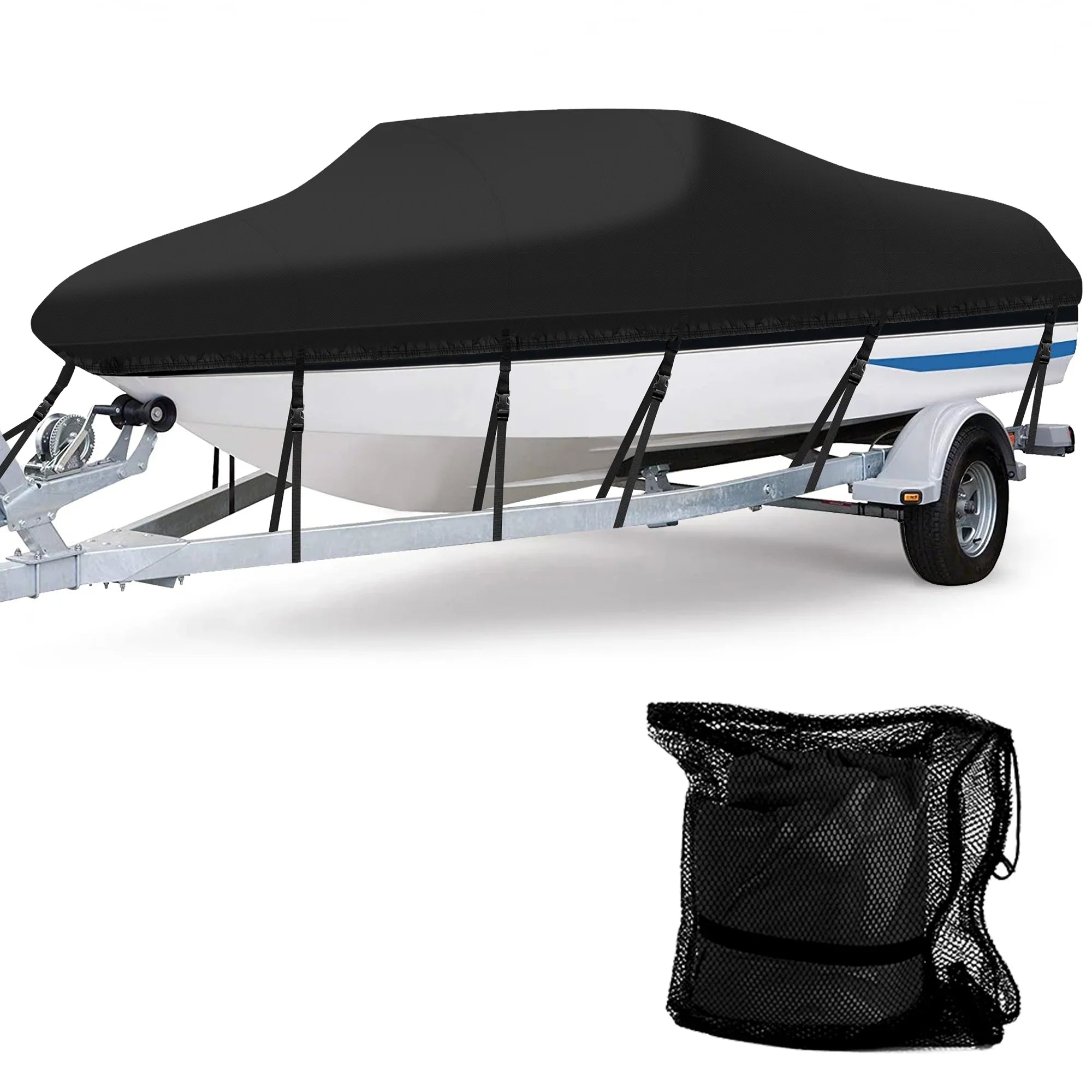 AngLink 17 - 19 ft Waterproof Watercraft Coating - Heavy Duty 600D Polyester Oxford All Climate Protection Bass Runabout Vessel Wrap Resilient and Trailerable, Fit for Fishing Vessel V-Hull TRI-Hull | Black