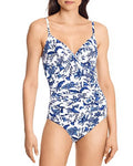 Ralph Lauren WHITE/BLUE Floral Toile Ruched Underwire One-Piece Swimsuit, US 6