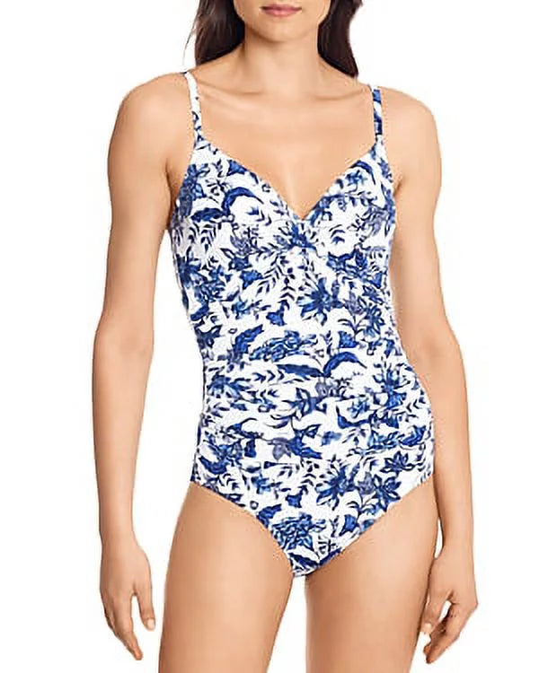 Ralph Lauren WHITE/BLUE Floral Toile Ruched Underwire One-Piece Swimsuit, US 6