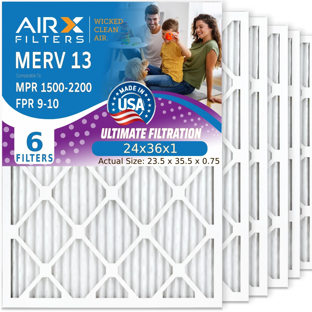 24x36x1 Air Filter MERV 13 Comparable to MPR 1500 - 2200 & FPR 9 Electrostatic Pleated Air Conditioner Filter 6 Pack HVAC AC Premium USA Made 24x36x1 Furnace Filters by AIRX FILTERS WICKED CLEAN AIR.