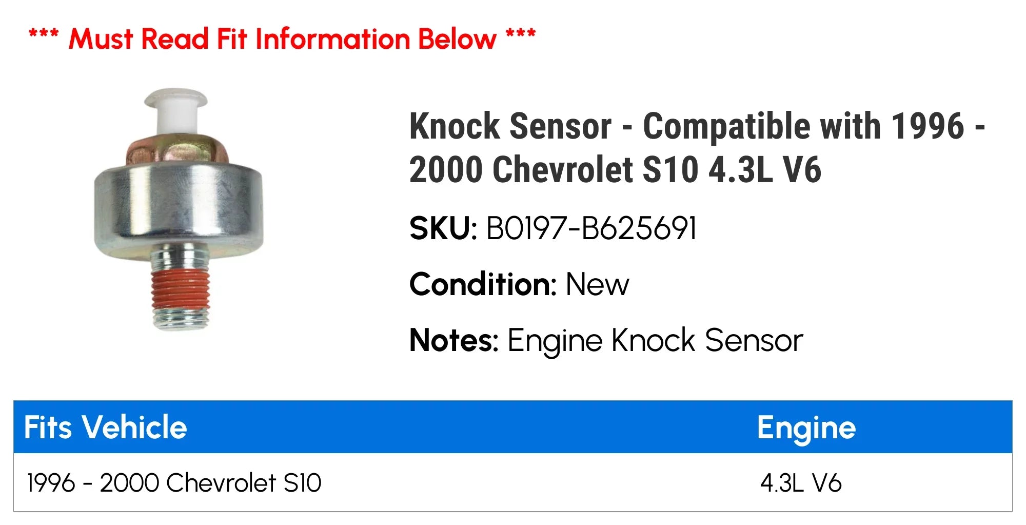 Knock Sensor - Suitable with 1996 - 2000 Chevy S10 4.3L V6 1997 1998 1999