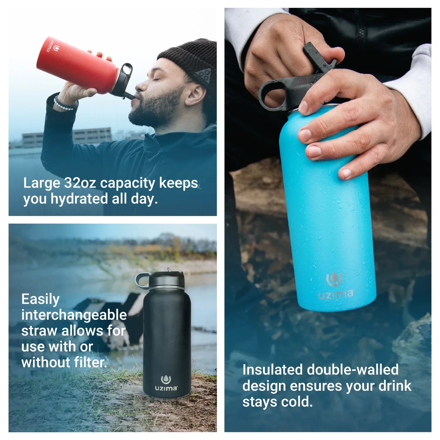 Uzima - Z-Source Filtered Water Bottle for Hiking, Backpacking, Camping, and Travel. Water Purification on the Go. Large 32oz Capacity with Double-Walled Stainless Steel Exterior. (Leopard)
