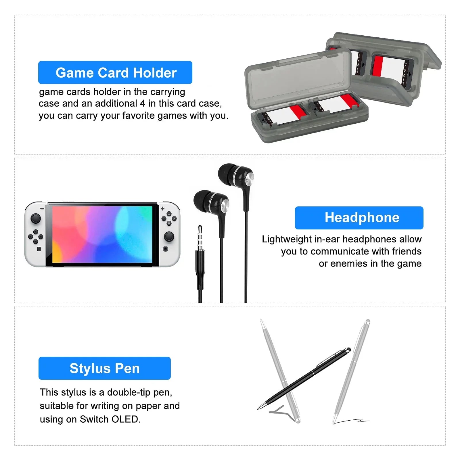 16-in-1 Accessories Kit Fit for Nintendo Switch OLED, EEEkit Accessories Bundle with Carrying Case, Protective Wrap Case, Tempered Glass Screen Protector, Thumb Grips, and More, Black