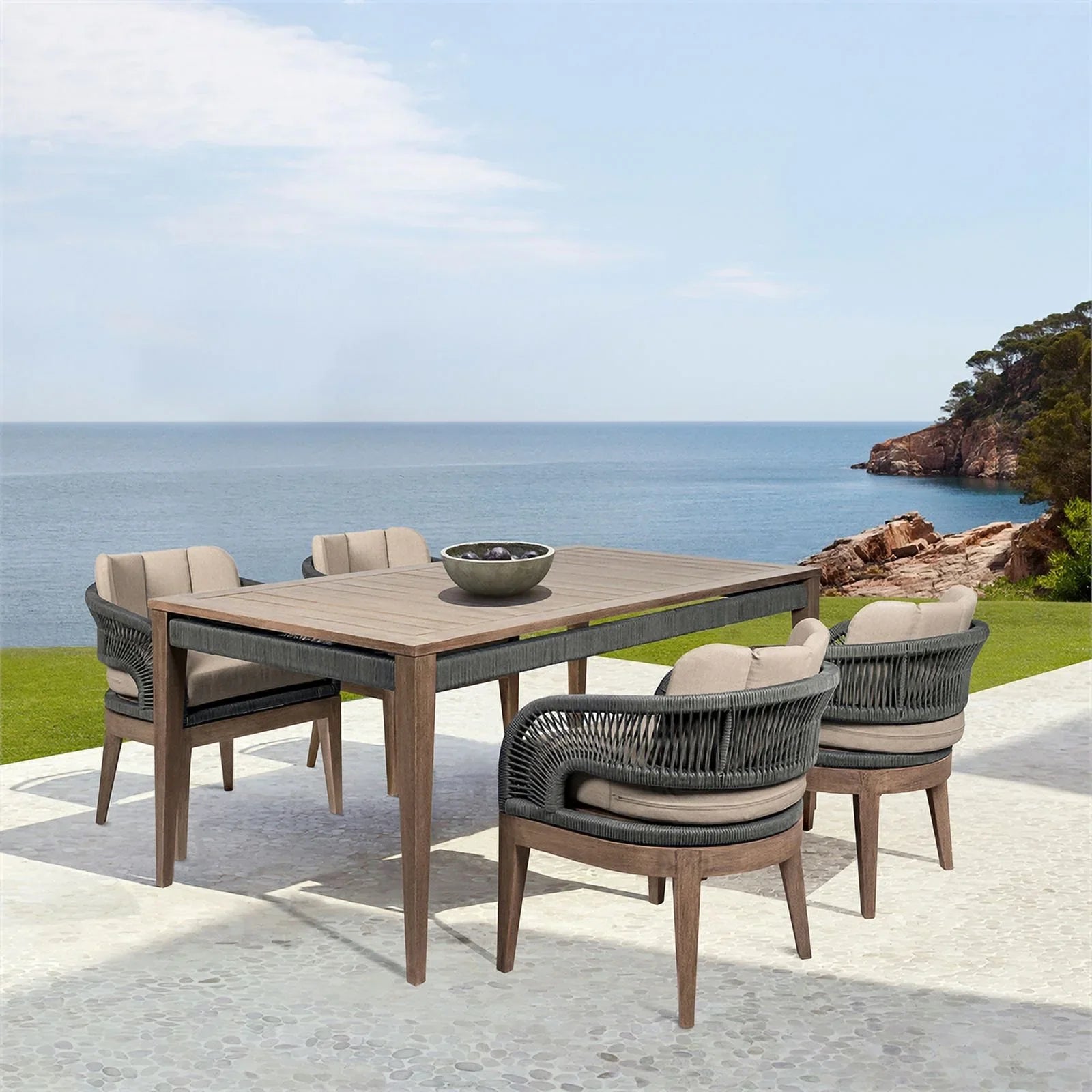 Glendora Beckham Outdoor 7 Piece Live Edge Dining Set in Eucalyptus and Rope