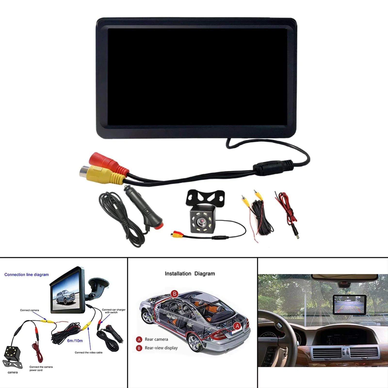 Car Rearview Monitor 7" Park Assist Vehicle Parking System Easy Installation 10M Video Cable Screen Waterproof LCD 8 LED Camera SUV Car