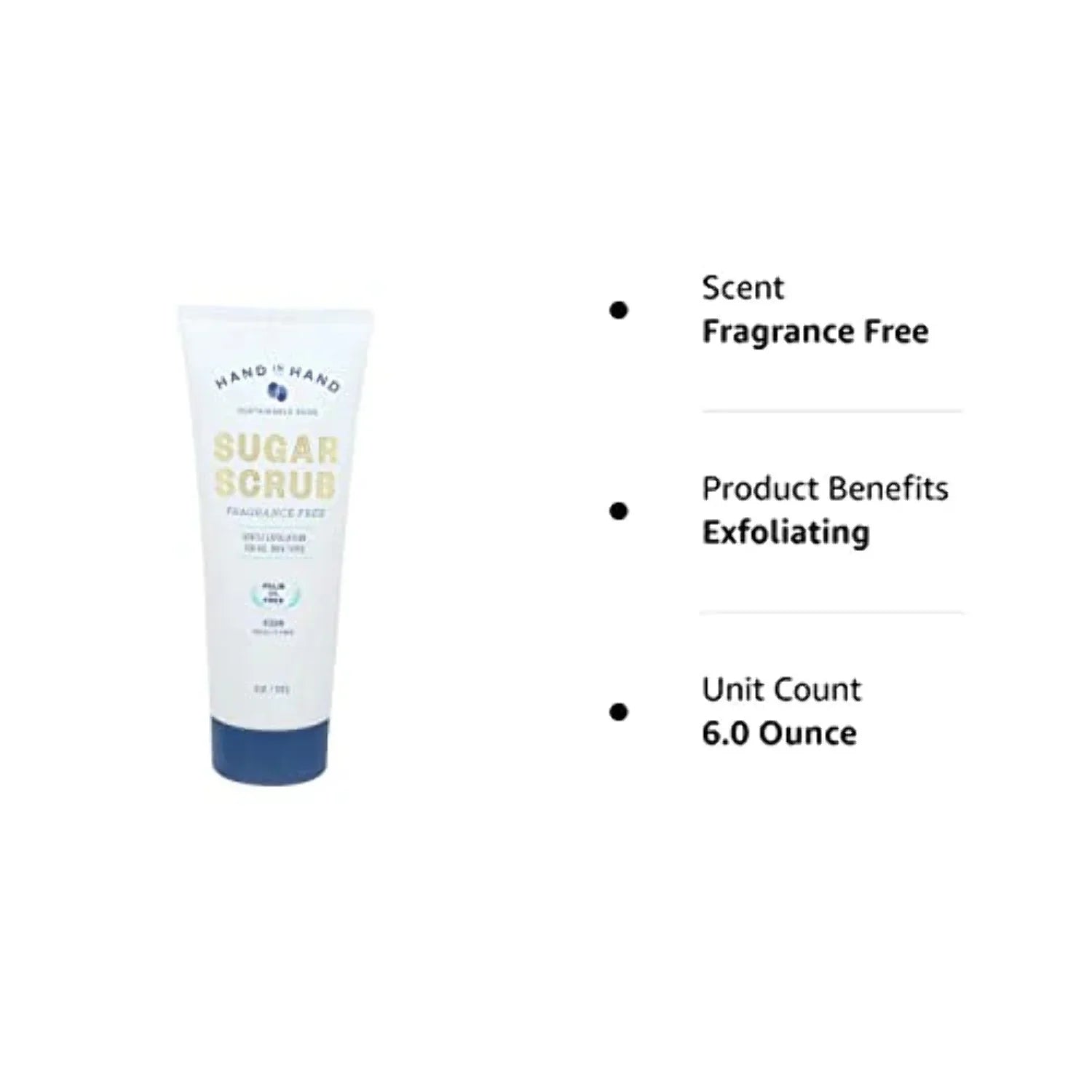 Hand in Hand Sugar Scrub, Gentle Exfoliation For All Skin Types, 6 Ounce, Frangrance Free, Single
