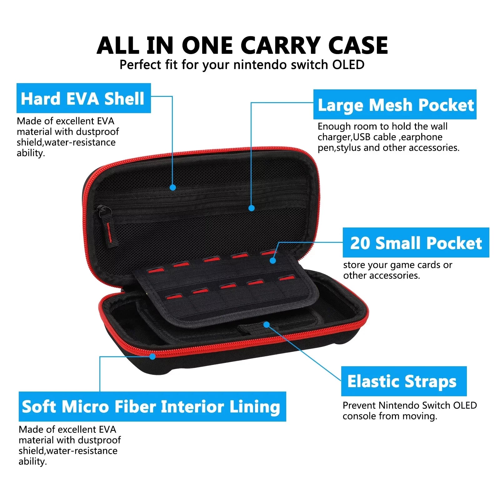 16-in-1 Accessories Kit Fit for Nintendo Switch OLED, EEEkit Accessories Bundle with Carrying Case, Protective Wrap Case, Tempered Glass Screen Protector, Thumb Grips, and More, Black