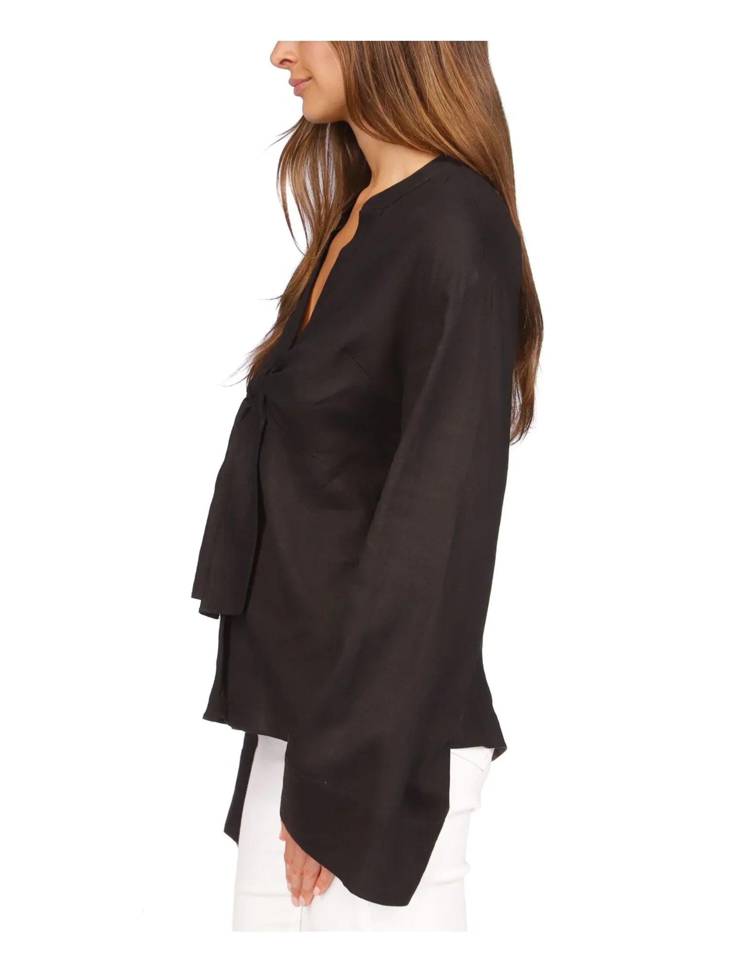 MICHAEL MICHAEL KORS Womens Black Unlined Sheer Tie Waist Curved Hem Bell Sleeve Split Button Up Top M