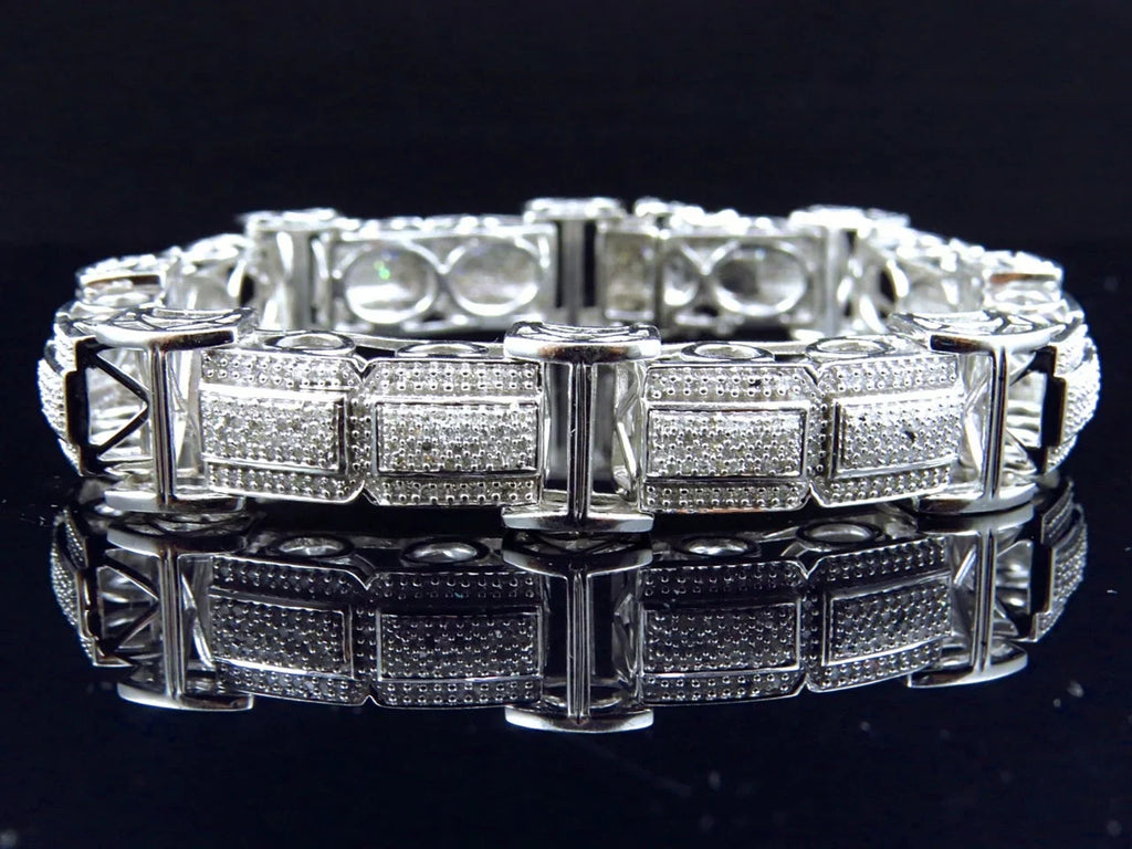 Men's 10K White Gold Genuine Diamonds 3D Pave Bar Style Bracelet 15mm 5.5Ct