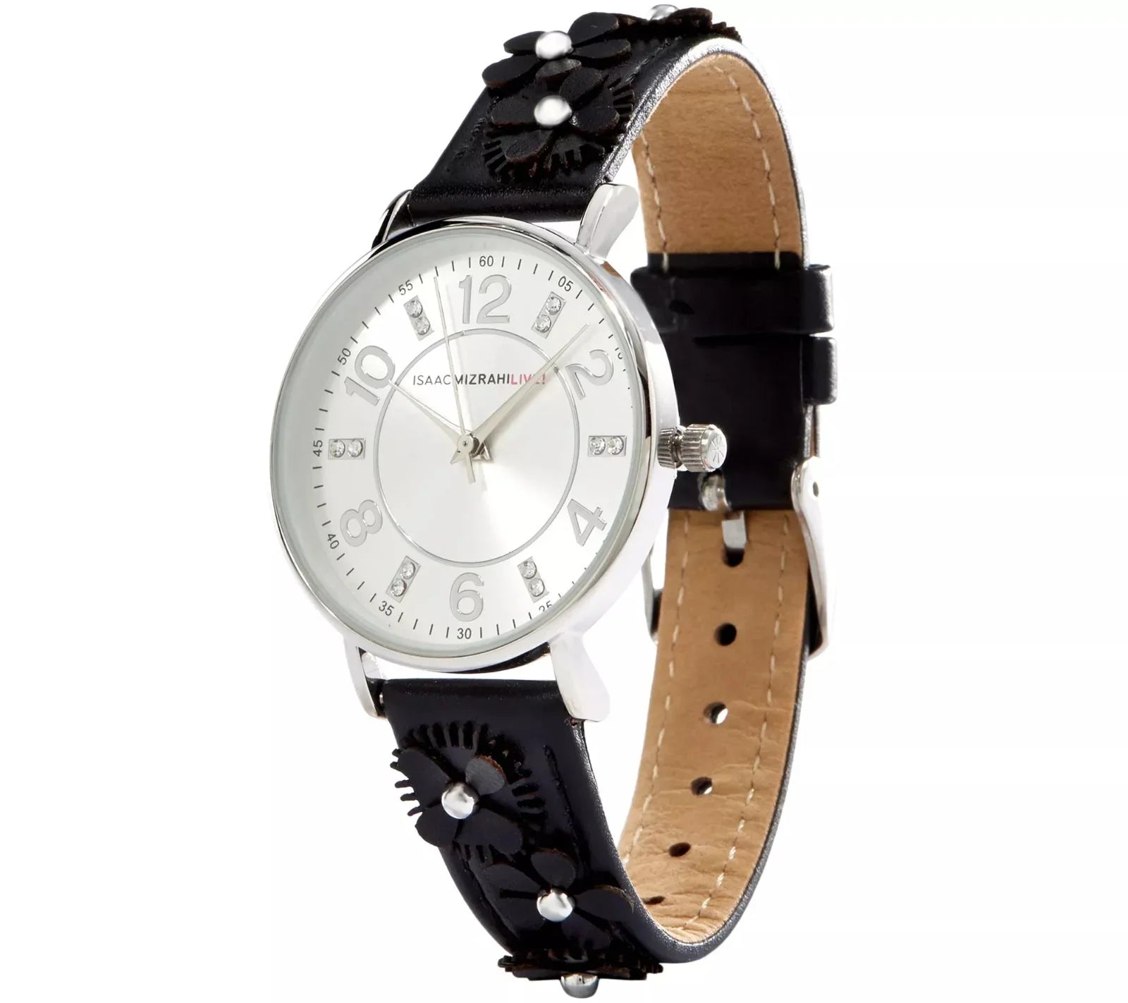 Isaac Mizrahi Live Black Floral Leather Strap Watch 5"-7-1/4" SilverTone
