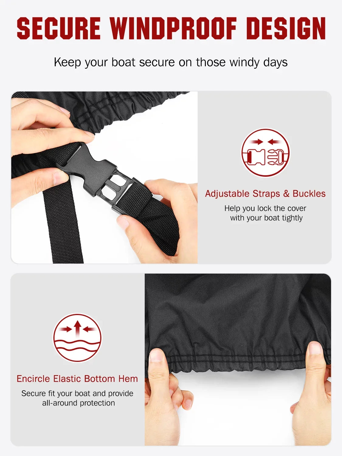 AngLink 17 - 19 ft Waterproof Watercraft Coating - Heavy Duty 600D Polyester Oxford All Climate Protection Bass Runabout Vessel Wrap Resilient and Trailerable, Fit for Fishing Vessel V-Hull TRI-Hull | Black