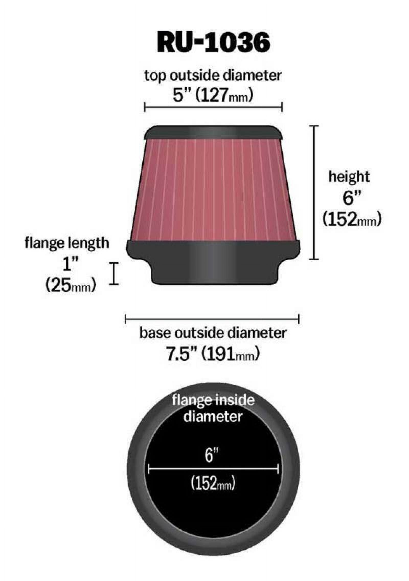 K&N Universal Clamp-On Air Filter: High Performance, Premium, Washable, Replacement Engine Filter: Flange Diameter: 6 In, Filter Height: 6 In, Flange Length: 1 In, Shape: Round Tapered, RU-1036
