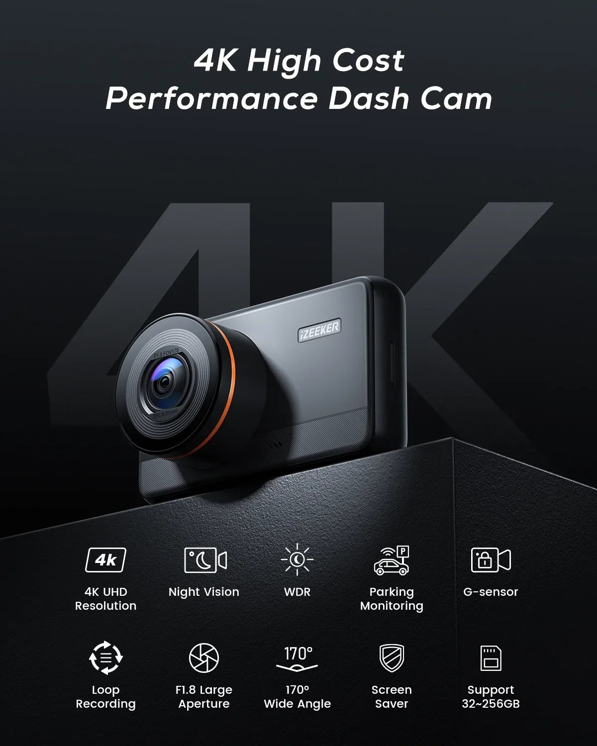 iZEEKER 4K Dash Cam Front with MicroSD Card, 4K 30FPS/1080P 60FPS Dash Camera for Cars, Car Camera with Super Night Vision, WDR, Emergency Recording, Parking Monitoring