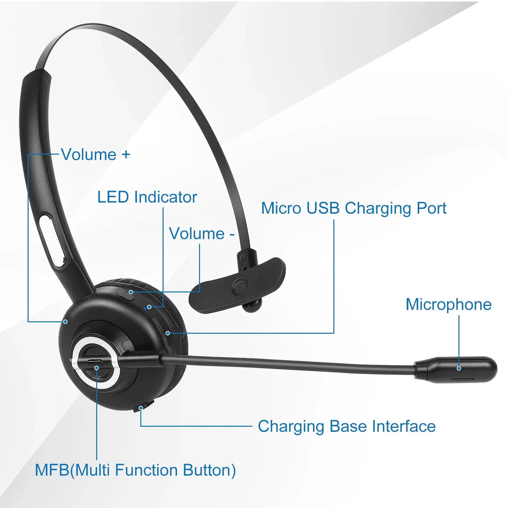 Comfortable Bluetooth Headset, UX-M97 Wireless Headset with Microphone, Wireless Cell Phone Headset with Noise Isolation Mic Charging Base Mute Function for BLU C6 With Charging Dock