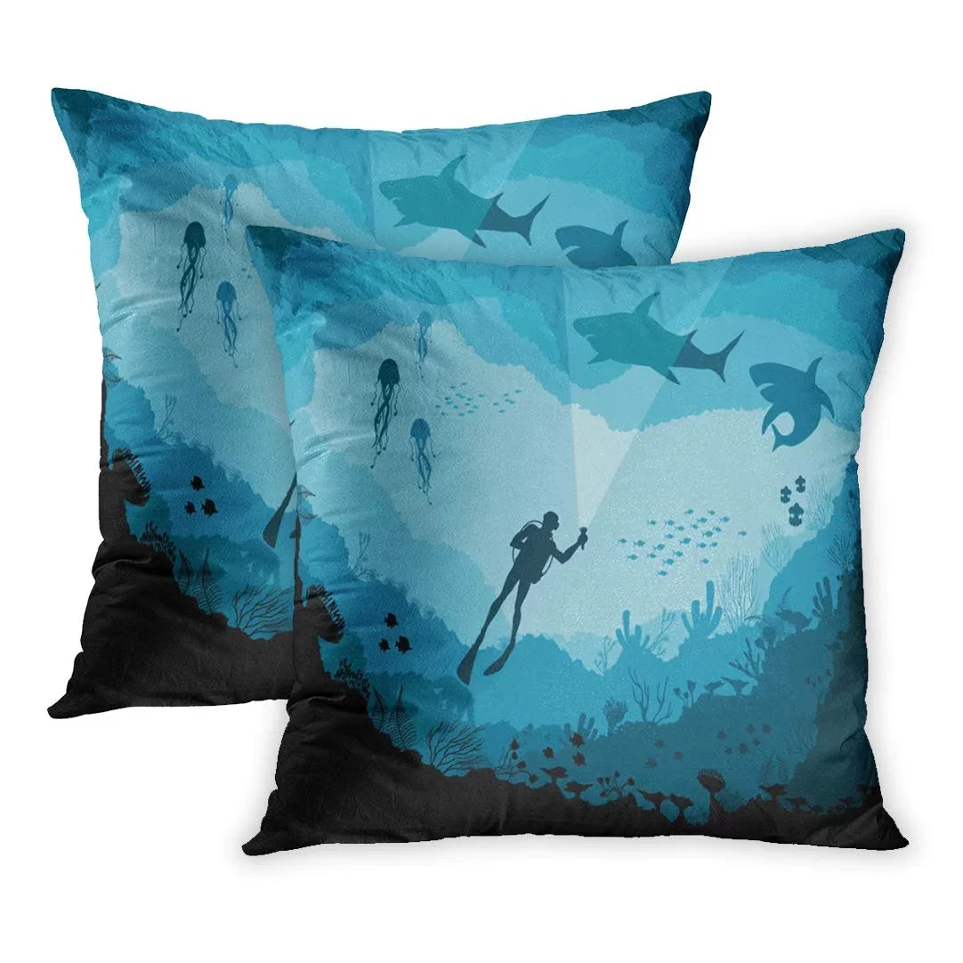 ECCOT Blue Sea Divers and Sharks Reef Underwater Wildlife Under Adventure Aquatic Big PillowCase Pillow Wrap 16x16 inch Set of 2