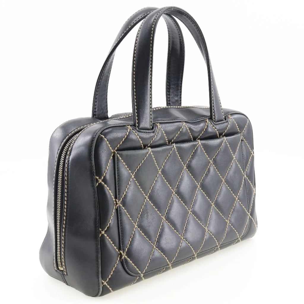 Pre-Owned Chanel Wild Stitch Handbag Mini Boston A14692 Calf Black Ladies (Fair)