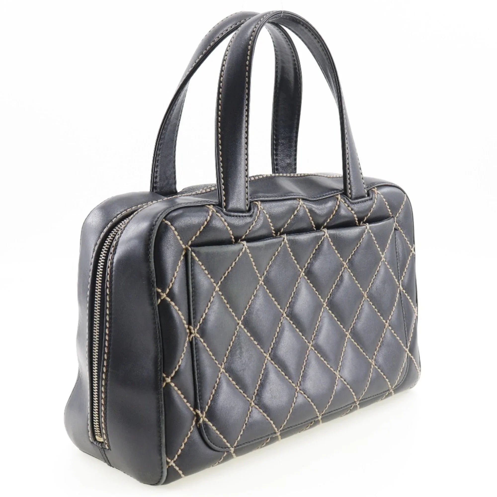 Pre-Owned Chanel Wild Stitch Handbag Mini Boston A14692 Calf Black Ladies (Fair)