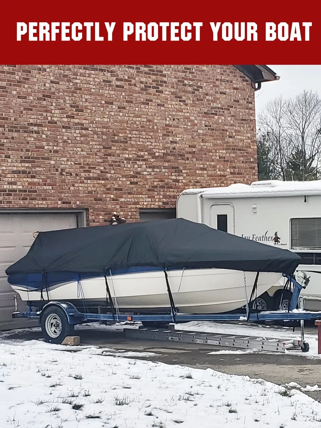AngLink 17 - 19 ft Waterproof Watercraft Coating - Heavy Duty 600D Polyester Oxford All Climate Protection Bass Runabout Vessel Wrap Resilient and Trailerable, Fit for Fishing Vessel V-Hull TRI-Hull | Black