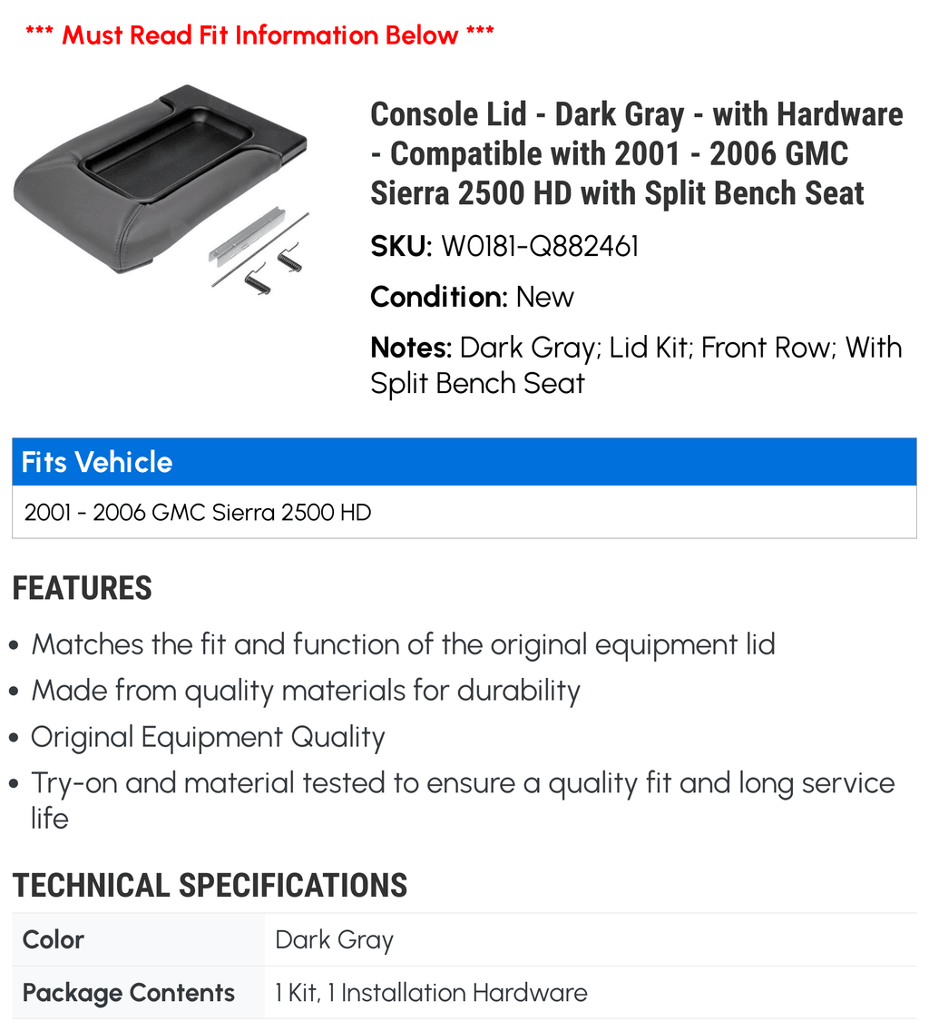 Console Lid - Dark Gray - with Hardware - Matching with 2001 - 2006 GMC Sierra 2500 HD with Split Bench Seat 2002 2003 2004 2005