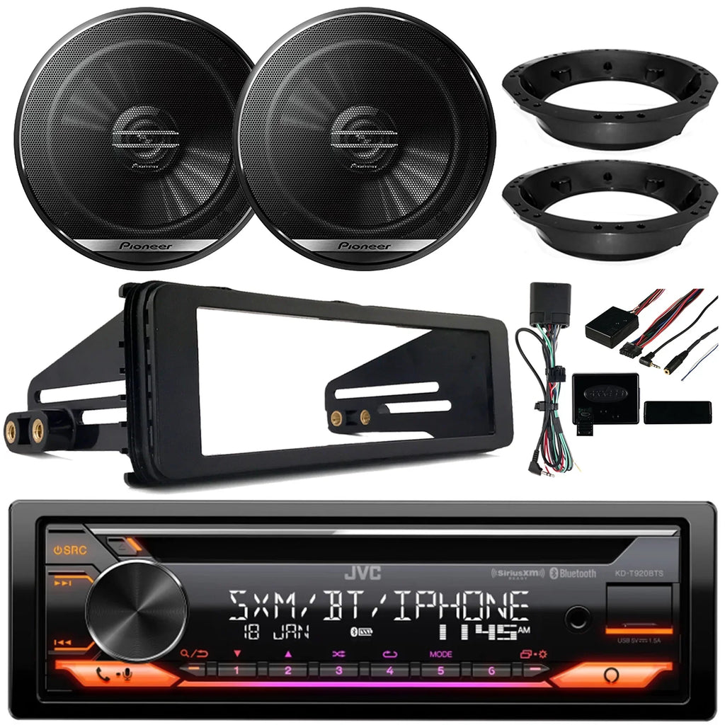 JVC KD-T920BTS Single DIN AM/FM Stereo USB AUX CD Player Bluetooth Multimedia Car Audio Receiver with Amazon Alexa Built-In, 2x 6.5" 2-Way Coaxial Car Speakers, Harley 98-2013 Install Adapter Kit