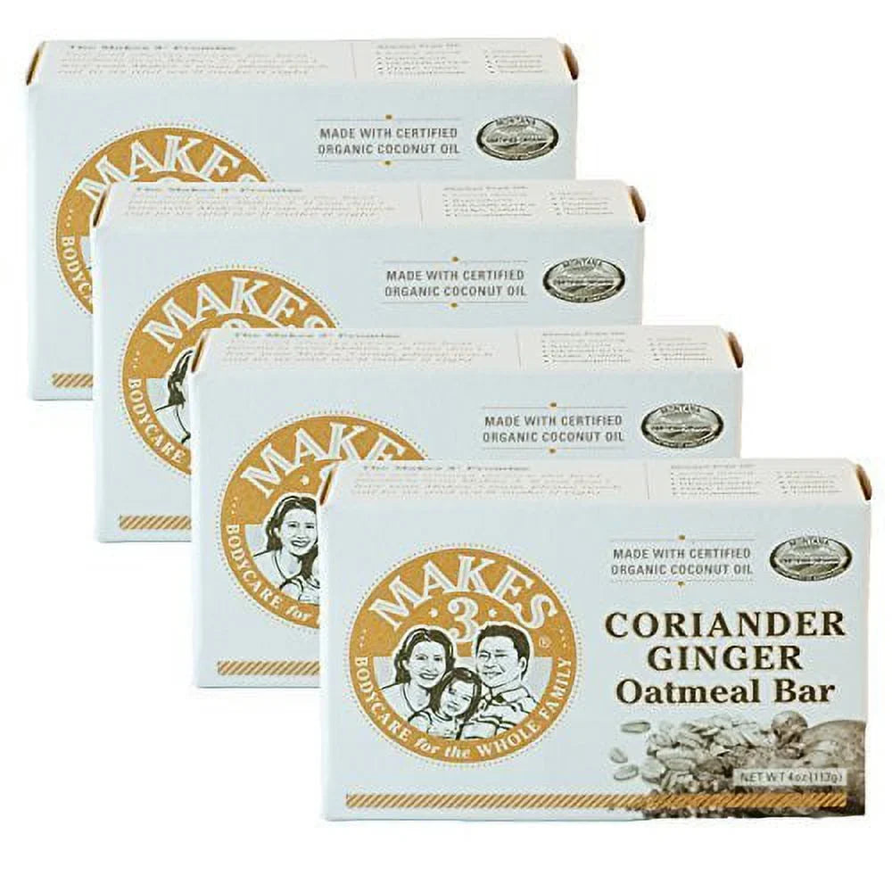 Organic Coriander Ginger Oatmeal Soap 4 Pack - Superfood for the Skin - 100% Handcrafted - Hypoallergic Properties - Outstanding For Dry, Itchy, Irritated Skin - Promotes Healthy Complexion