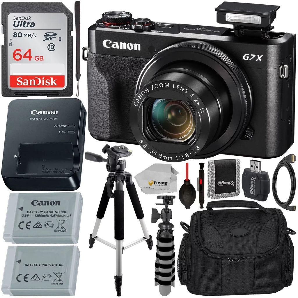 Canon PowerShot G7 X Mark II Digital Camera (Black) with Essential Accessory Bundle - Includes: SanDisk Ultra 64GB SDXC Memory Card, Extended Life Replacement Battery, Tripod, Carrying Case & More