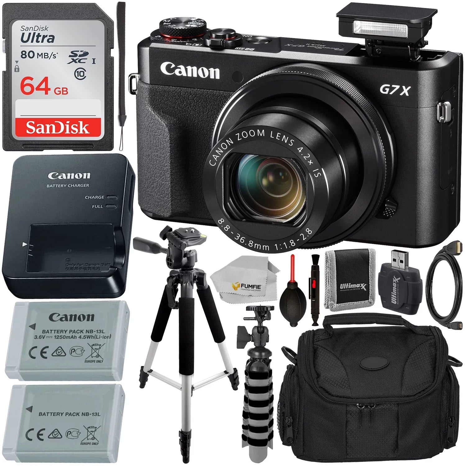 Canon PowerShot G7 X Mark II Digital Camera (Black) with Essential Accessory Bundle - Includes: SanDisk Ultra 64GB SDXC Memory Card, Extended Life Replacement Battery, Tripod, Carrying Case & More