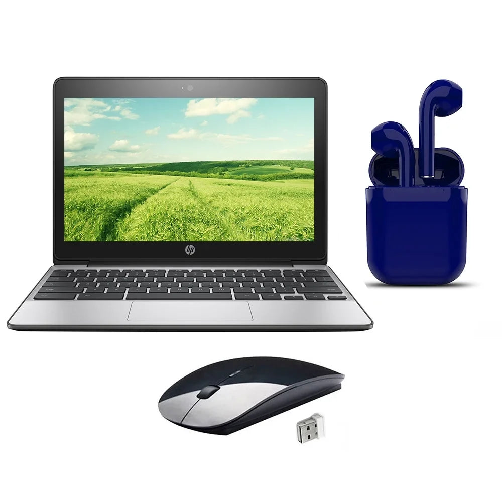 Restored | HP Chromebook | 11.6-inch | Chrome OS | 4GB RAM | 16GB SSD | Bundle: USA Essentials Bluetooth/Wireless Airbuds, Wireless Mouse By Certified 2 Day Express