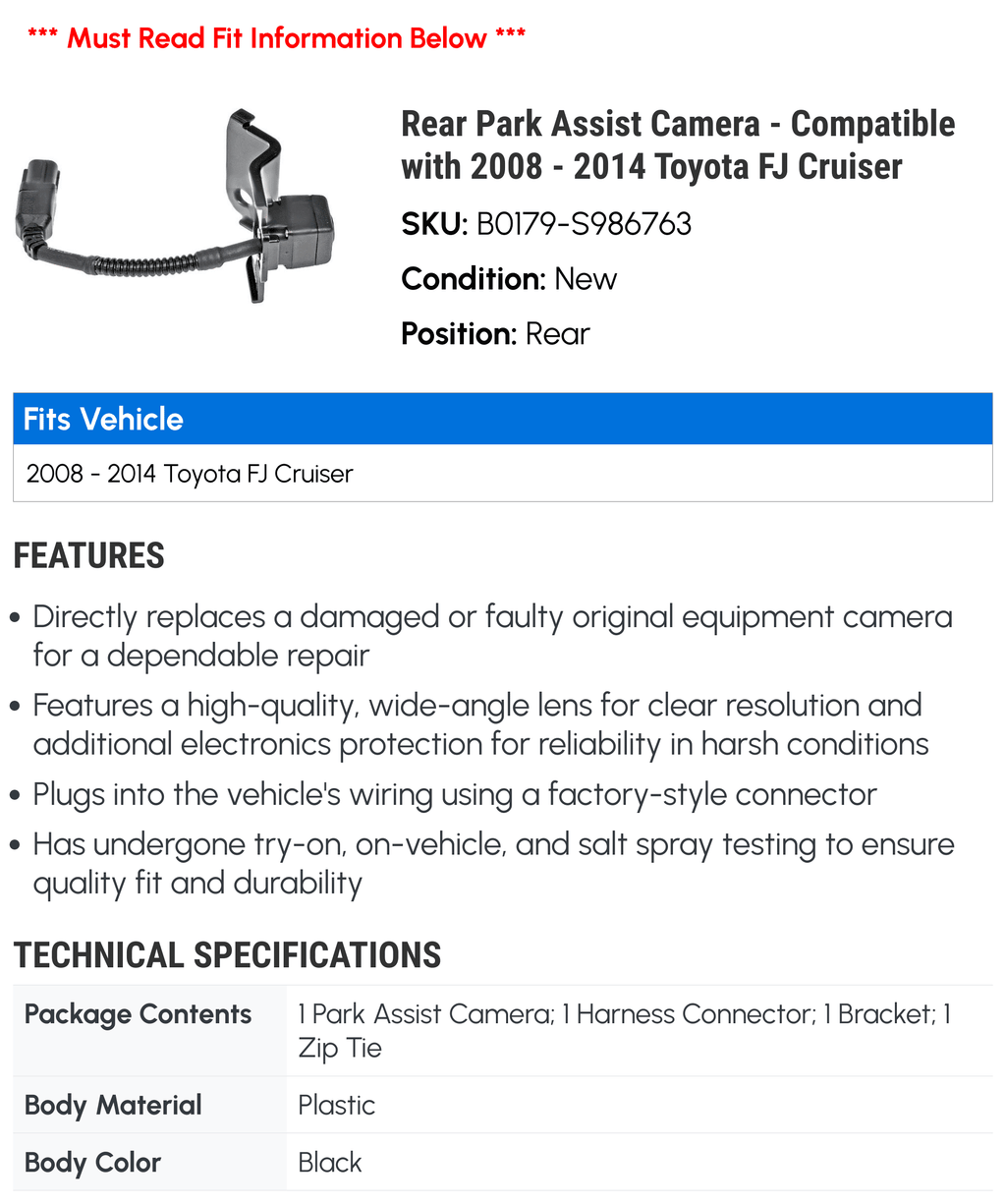 Rear Park Assist Camera - Suitable with 2008 - 2014 Toyota FJ Cruiser 2009 2010 2011 2012 2013