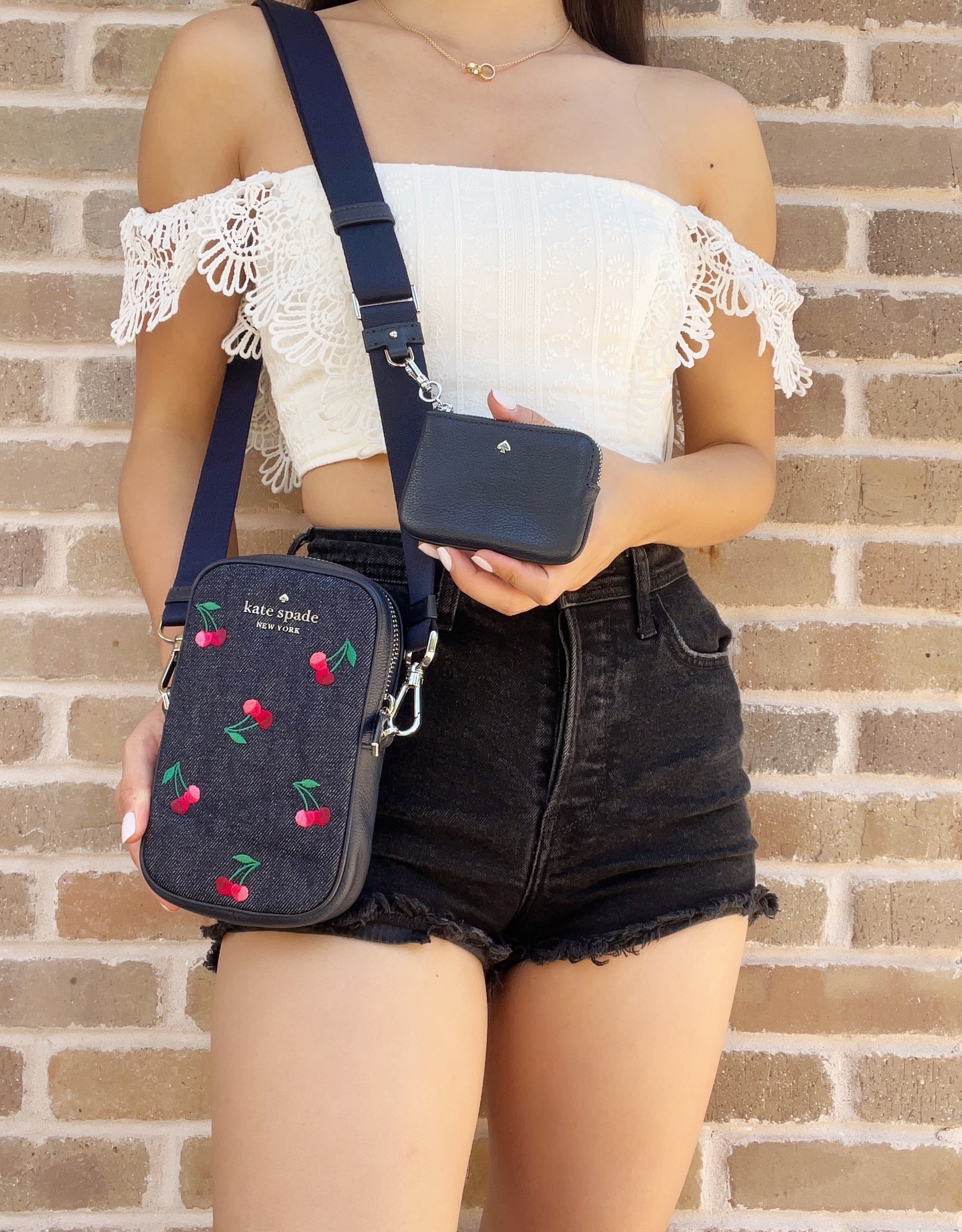 Kate Spade Denim Rosie Embroidered Cherries NS Phone Crossbody + Zip Pouch Coin