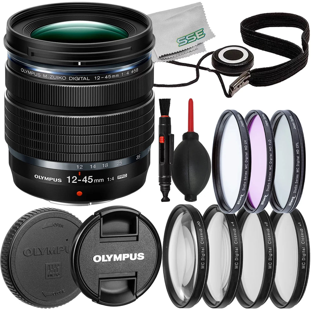 Ultimaxx Essential Bundle + Olympus M.Zuiko Digital ED 12-45mm f/4 PRO Lens (White Box) + Manufacturer Accessories, 3PC Multi-Coated UV Filter Kit & More (16pc Bundle)