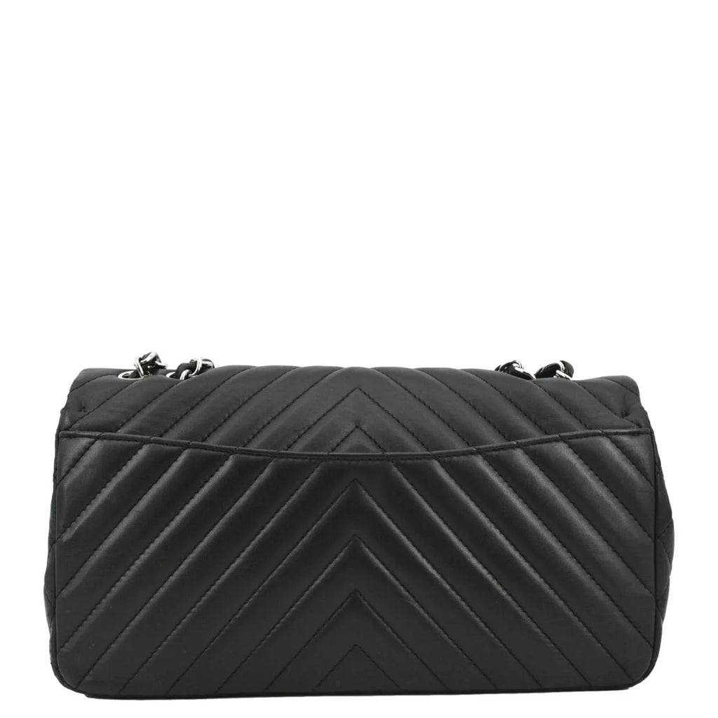 Pre-Owned CHANEL Surpique Chevron Medium Lambskin Leather Flap Crossbody Bag Black