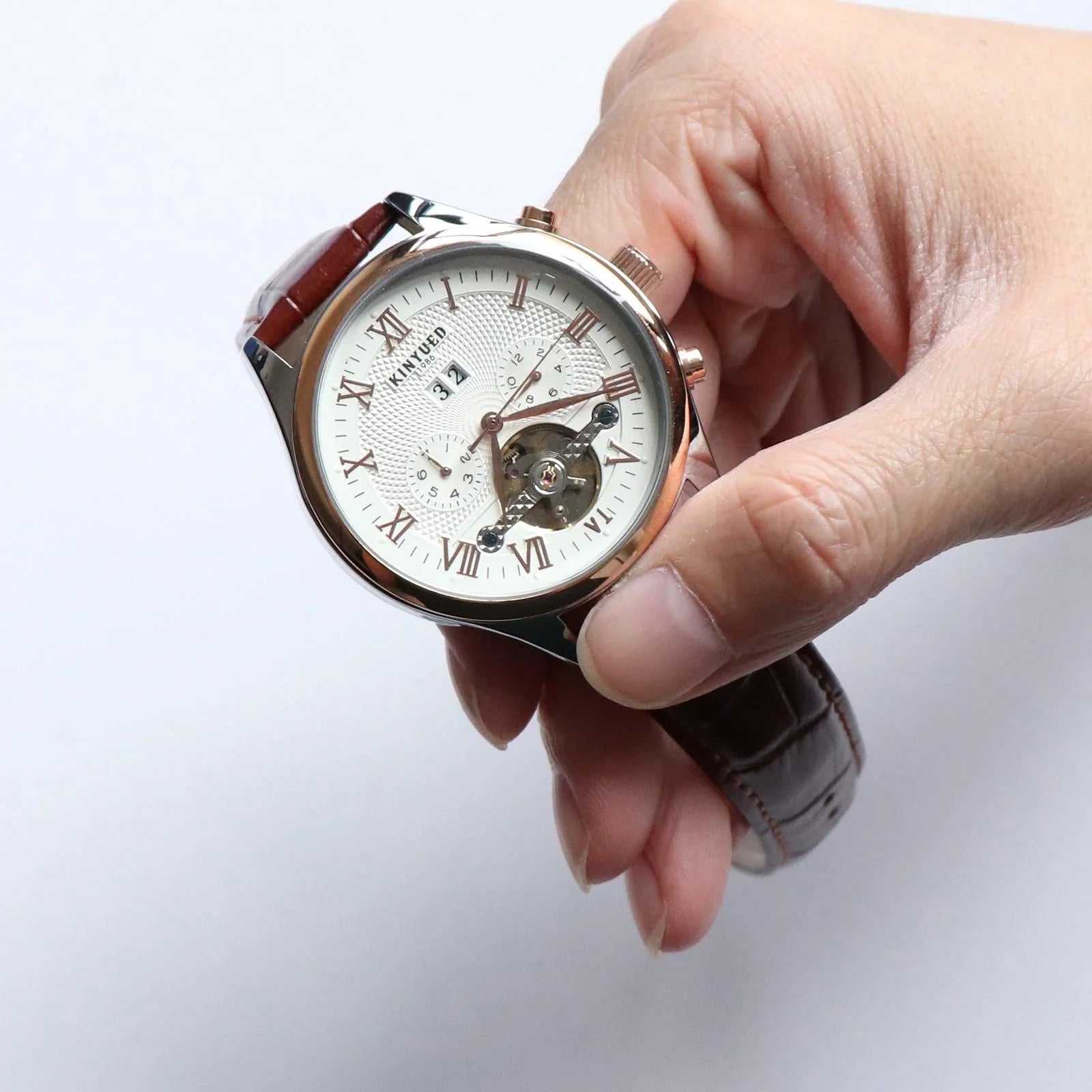 Luxury Men Chronograph Leather Strap Watch Luxury Waterproof Calendar Watch Brown