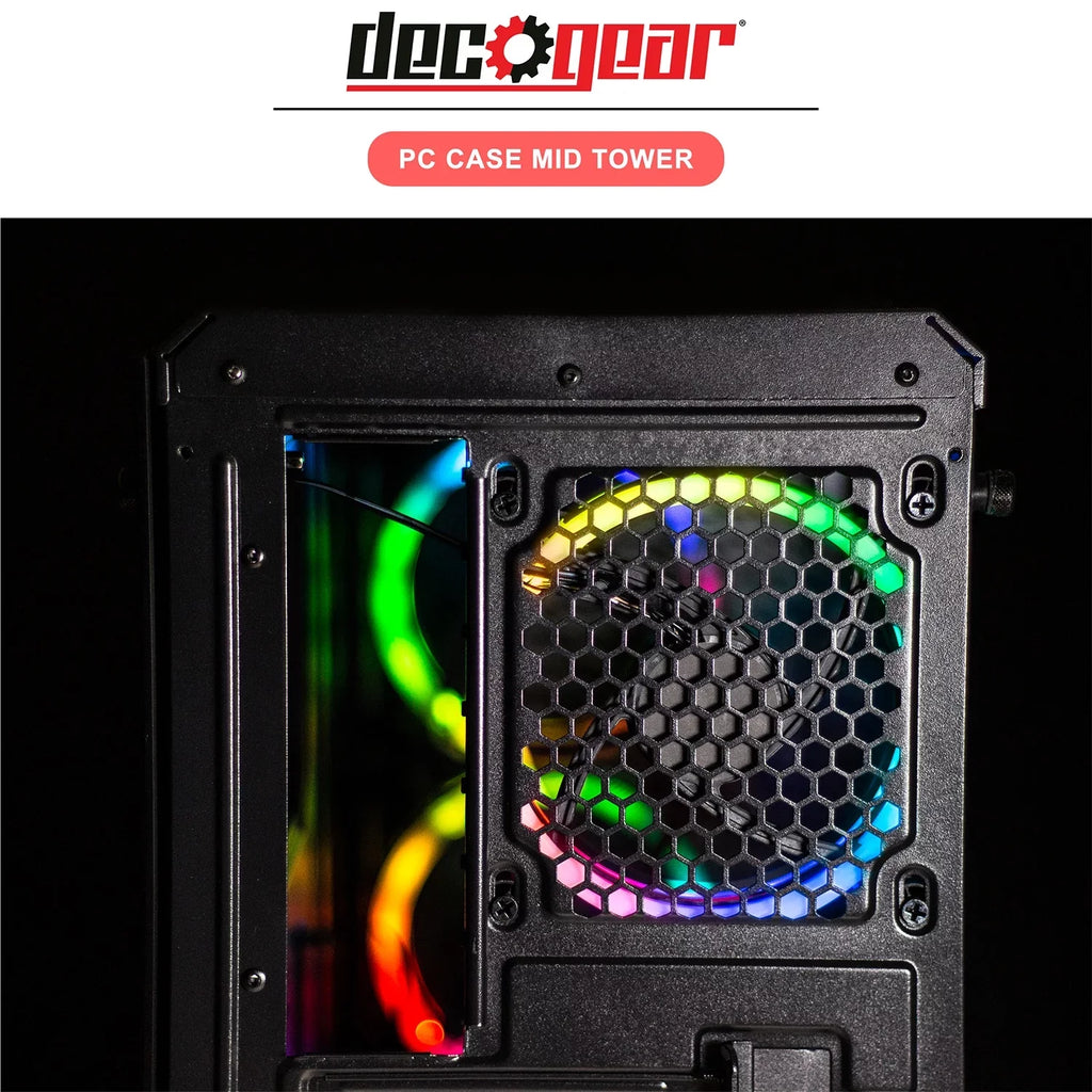 Deco Gear Mid-Tower PC Gaming Computer Case Starter Kit, 3-Sided Tempered Glass and LED Lighting, Mini-ITX, Micro-ATX, ATX, with Wired RGB Gaming Mouse, RGB Mechanical Gaming Keyboard, and Mouse Pad
