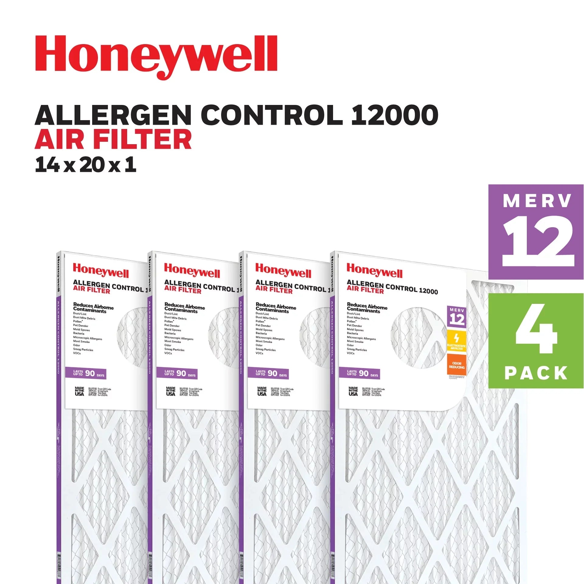 Honeywell 14x20x1 MERV 12 Pleated HVAC Furnace Air Filter- 4 Pack