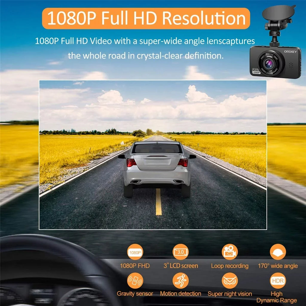 ORSKEY Dash Cam for Cars Front and Rear and SD Card Included 1080P Full HD In Car Camera Dual Lens Dashcam for Cars 170 Wide Angle Sony Sensor with Loop Recording and G-sensor