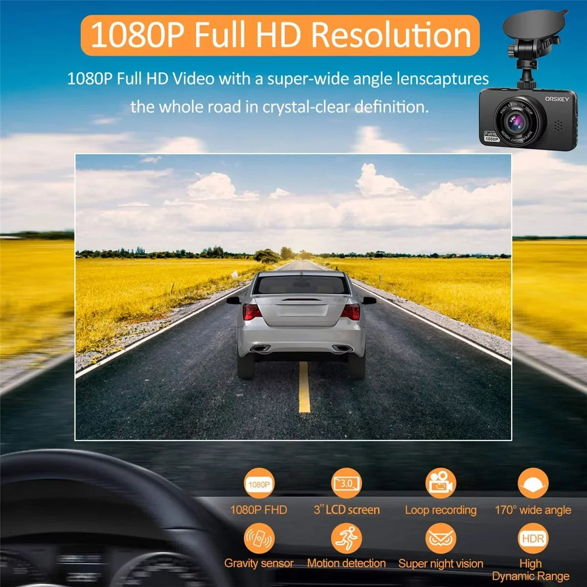 ORSKEY Dash Cam for Cars Front and Rear and SD Card Included 1080P Full HD In Car Camera Dual Lens Dashcam for Cars 170 Wide Angle Sony Sensor with Loop Recording and G-sensor