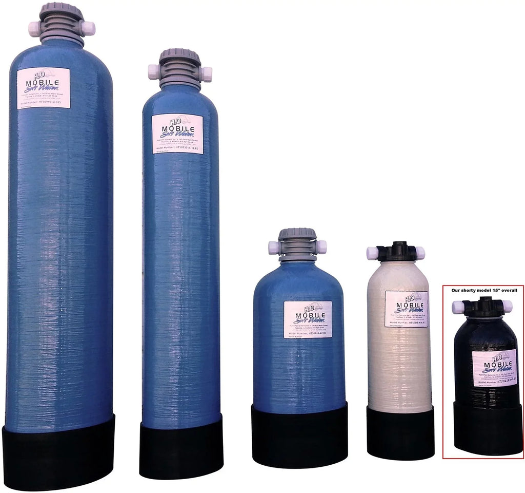 Mobile-soft-water 3,200 grain Portable Softener Shorty, Lead-Free NSF 61 Male GHC Tank Connections for RV and Other Tight Spaces, Day Trips and other places where soft water is desirable; C-style.