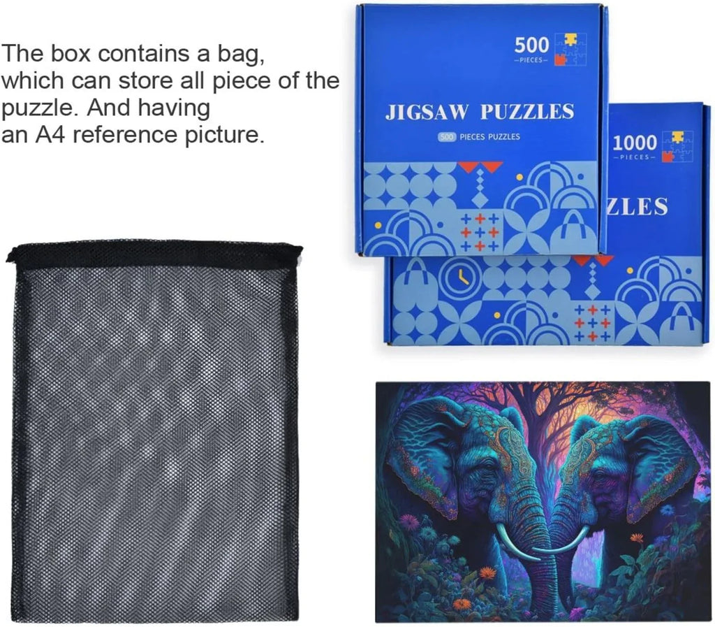 Jigsaw Puzzle (Psychedelic Elephant), Paper Wood Composite Material Zigsaw with Storage Bag and Reference Picture Easy to Solve, 1000 Pieces