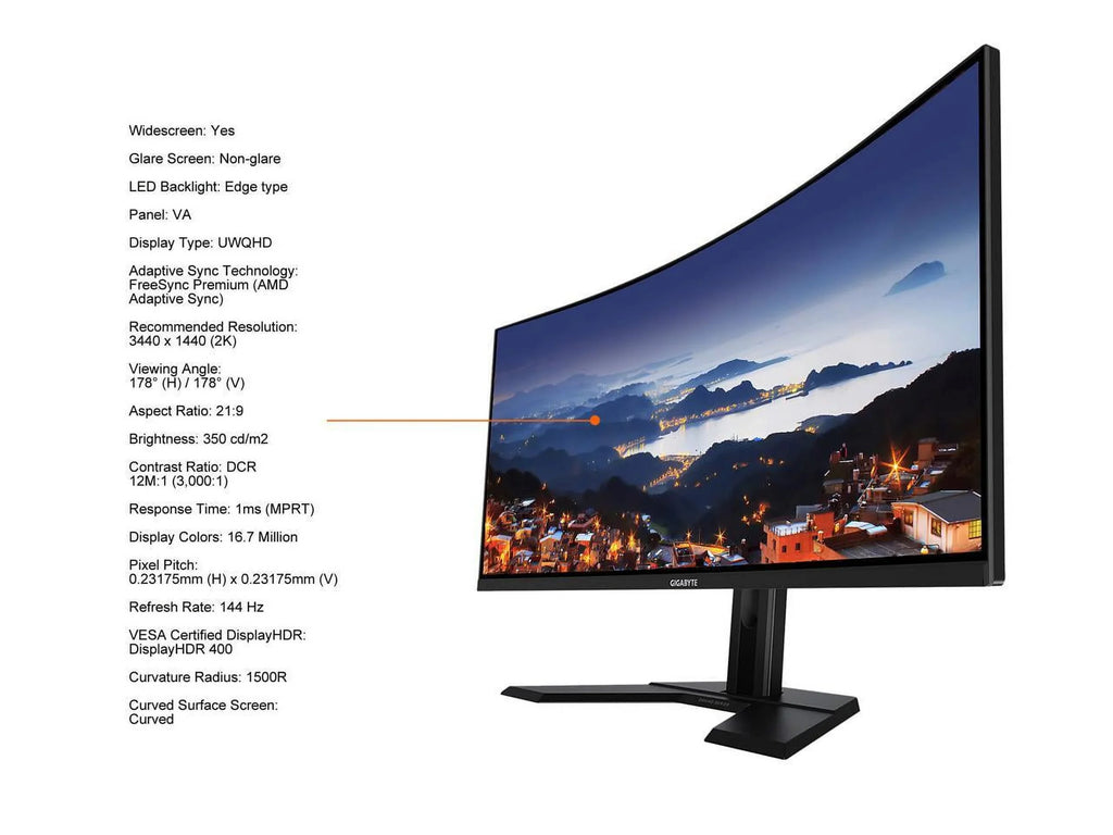 GIGABYTE 34" 144Hz 2K Curved Gaming Monitor 1ms FreeSync Premium, UWQHD 3440 x 1440 VA 1500R Display, (MPRT), 90% DCI-P3, VESA Display HDR400, 2x DisplayPort 1.4, 2x HDMI 2.0 G34WQC A-SA