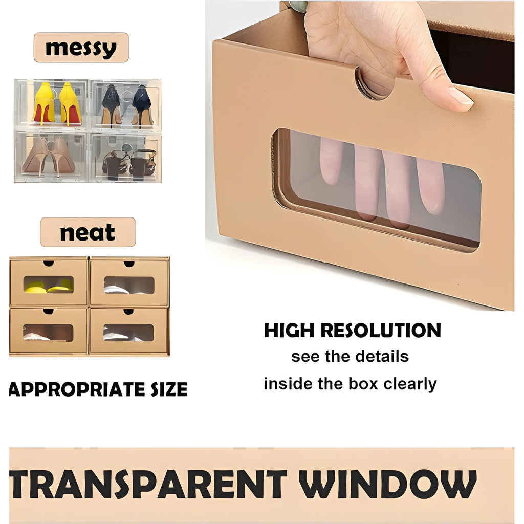 tonchean 10 Pack Cardboard Shoe Boxes - Stackable Shoes Storage Organizer Kraft Drawer Boxes with Lids and Transparent Window-Gift