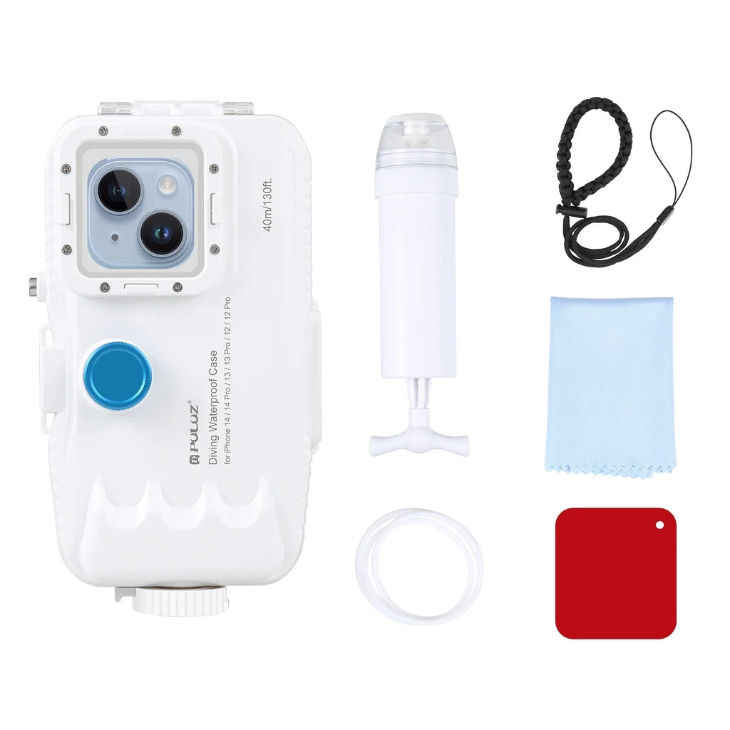 PULUZ 40M131ft Waterproof Phone Case Diving Case Smartphone Underwater Housing Protective Case with Red Filter Neck Strap Cleaning Cloth Replacement for 14/ 14 Pro/ 13/ 13 Pro/ 12/ 12 P
